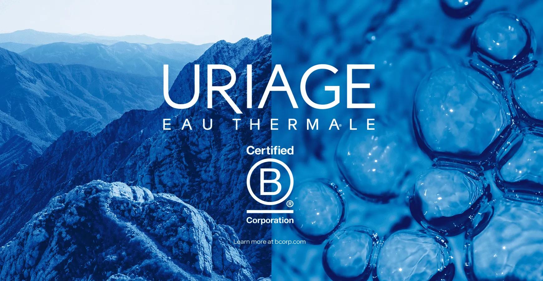 Uriage Eau Thermale B Corp certification visual featuring mountain scenery and thermal water imagery.